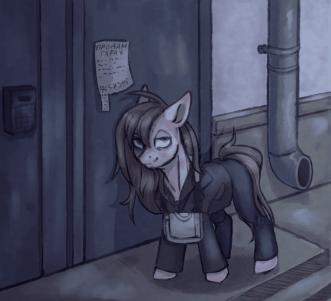 Size: 1100x1000 | Tagged: safe, artist:mr.catfish, derpibooru import, oc, unofficial characters only, pony, bag, blue eyes, brown mane, bruised, clothes, cyrillic, detailed background, disheveled, door, entrance, femboy, floppy ears, image, intercom, male, night, pamphlet, pants, pipe (plumbing), png, russian, smiling, smirk, solo, tired eyes