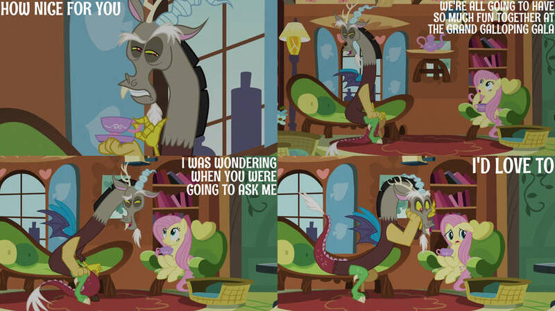 Size: 828x465 | Tagged: safe, derpibooru import, edit, edited screencap, editor:quoterific, screencap, discord, fluttershy, draconequus, pegasus, make new friends but keep discord, cup, duo, duo male and female, female, image, jpeg, male, saucer, teacup