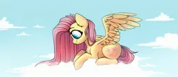 Size: 3000x1310 | Tagged: safe, artist:starlyfly, derpibooru import, fluttershy, pegasus, pony, cloud, eyebrows, female, g4, image, jpeg, lying down, mare, on a cloud, profile, prone, sky, solo, spread wings, wings