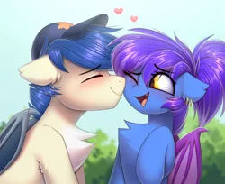 Size: 1600x1306 | Tagged: safe, artist:starlyfly, derpibooru import, oc, oc:evening lily, oc:moonshot, bat pony, pony, bat pony oc, bat wings, blushing, cap, chest fluff, cute, duo, duo male and female, eveshot, eyebrows, eyebrows visible through hair, eyes closed, female, floppy ears, hat, heart, image, male, mare, oc x oc, ocbetes, one eye closed, open mouth, open smile, png, shipping, smiling, stallion, straight, wings