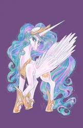 Size: 3300x5100 | Tagged: safe, artist:ashley-the-muffin, derpibooru import, princess celestia, alicorn, pony, absurd resolution, crouching, digital art, ethereal mane, ethereal tail, eyelashes, eyeshadow, feather, female, flowing mane, flowing tail, g4, gem, hoof shoes, horn, image, large wings, lidded eyes, long horn, long mane, long tail, looking up, makeup, mare, multicolored mane, multicolored tail, peytral, pink eyes, png, princess shoes, purple background, raised hoof, signature, simple background, slim, smiling, solo, sparkles, spine, spread wings, starry mane, starry tail, stars, tail, thin, wings