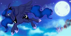 Size: 4741x2430 | Tagged: safe, artist:quartzdeer, derpibooru import, princess luna, alicorn, pony, blue mane, blue tail, canterlot, cloud, crown, curved horn, cute, digital art, ethereal mane, ethereal tail, eyeshadow, feather, female, flowing mane, flowing tail, flying, g4, hoof shoes, horn, image, jewelry, jpeg, lidded eyes, makeup, mare, moon, moonlight, mountain, night, peytral, princess shoes, regalia, signature, sky, solo, spread wings, tail, wings