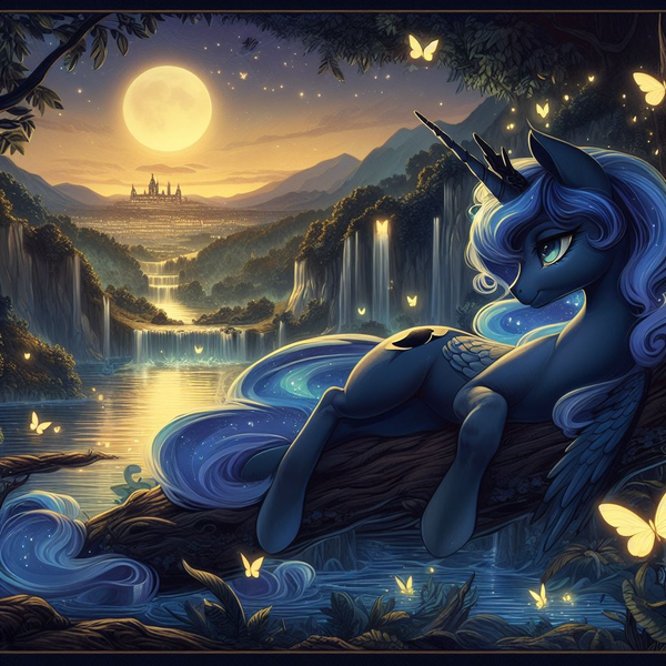 Size: 1024x1024 | Tagged: safe, derpibooru import, machine learning generated, princess luna, alicorn, butterfly, insect, pony, ai content, city, crown, female, full moon, generator:dall-e 3, image, jewelry, lying down, mare, modern art, moon, mountain, mountain range, night, night sky, nouveau, png, regalia, side, sky, solo, tree, water, waterfall