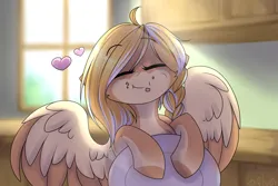 Size: 3000x2000 | Tagged: safe, artist:starlyfly, derpibooru import, oc, unofficial characters only, pegasus, pony, colored wings, eating, eyebrows, eyebrows visible through hair, eyes closed, female, heart, high res, image, indoors, kitchen, mare, pegasus oc, plate, png, signature, solo, two toned wings, wings