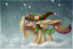 Size: 3000x2000 | Tagged: safe, artist:starlyfly, derpibooru import, oc, oc:ketchup, unofficial characters only, pegasus, pony, clothes, female, hat, high res, image, mare, one eye closed, pegasus oc, png, scarf, signature, snow, snowfall, solo, striped scarf, wings, winter