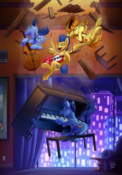 Size: 1403x2000 | Tagged: safe, artist:tsitra360, derpibooru import, braeburn, flash sentry, night light, earth pony, pegasus, pony, unicorn, cello, city, couch, electric guitar, falling, guitar, image, jpeg, musical instrument, piano, window