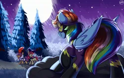 Size: 3000x1900 | Tagged: safe, artist:shadowreindeer, derpibooru import, apple bloom, rainbow dash, scootaloo, sweetie belle, pony, clothes, costume, cutie mark crusaders, halloween, holiday, image, jpeg, shadowbolts, shadowbolts costume