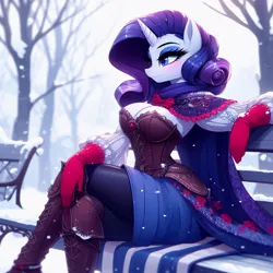 Size: 1024x1024 | Tagged: suggestive, derpibooru import, machine learning generated, rarity, anthro, ai content, bench, blushing, boots, bow, breasts, cloak, clothes, cold, corset, fashion, gloves, image, jpeg, leather, leather boots, leather leggings, shoes, side view, skirt, tree, winter