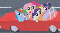 Size: 1331x750 | Tagged: safe, derpibooru import, screencap, applejack, fluttershy, pinkie pie, rainbow dash, rarity, spike, twilight sparkle, twilight sparkle (alicorn), alicorn, car, driving, foal house, image, mane seven, mane six, png