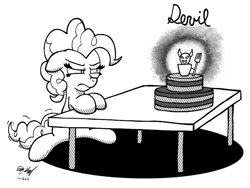 Size: 800x600 | Tagged: safe, artist:ebbysharp, derpibooru import, pinkie pie, earth pony, pony, cake, devil, female, floppy ears, food, image, mare, monochrome, pinkie pie is not amused, png, solo, table, unamused