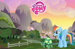 Size: 5100x3300 | Tagged: safe, derpibooru import, official, rainbow dash, tank, pegasus, pony, tortoise, cloud, duo, female, fence, g4, gameloft, high res, image, jpeg, mare, my little pony logo, my little pony: magic princess, ponyville, sunset, tree, wallpaper