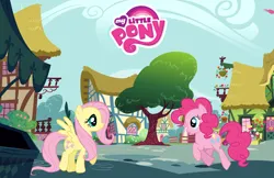 Size: 5100x3300 | Tagged: safe, derpibooru import, official, fluttershy, pinkie pie, earth pony, pegasus, pony, cloud, duo, female, g4, gameloft, high res, image, jpeg, mare, my little pony logo, my little pony: magic princess, ponyville, tree, wallpaper