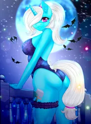 Size: 2205x3000 | Tagged: suggestive, artist:jerraldina, derpibooru import, oc, oc:pummela, anthro, bat, unicorn, ass, balcony, breasts, butt, clothes, commission, corset, female, full moon, garter, hair over one eye, halloween, heart, heart eyes, holiday, horn, image, looking at you, moon, night, png, ponytail, smiling, smiling at you, solo, solo female, unicorn oc, wingding eyes, ych result