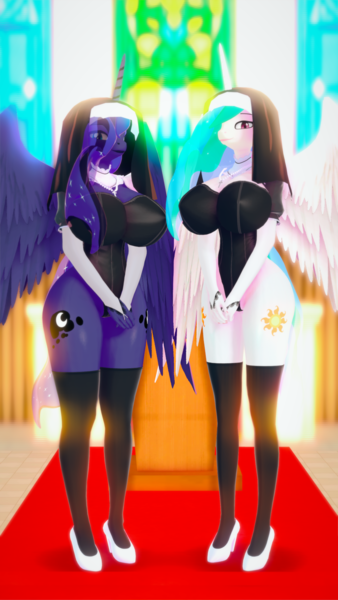 Size: 900x1600 | Tagged: questionable, artist:mistpony, derpibooru import, princess celestia, princess luna, alicorn, anthro, plantigrade anthro, 3d, big breasts, breasts, busty princess celestia, busty princess luna, clothes, dress, female, frilly underwear, high heels, huge breasts, image, koikatsu, looking at you, nun, nun outfit, png, royal sisters, shoes, siblings, sisters, socks, stockings, sun&moon cafe, thigh highs, underwear