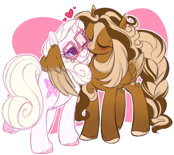 Size: 1527x1361 | Tagged: safe, artist:frowoppy, derpibooru import, oc, oc:aurora, oc:vidalia, unofficial characters only, alicorn, pegasus, pony, unicorn, braided tail, female, g4, glasses, heart, heart eyes, hug, image, mare, nuzzling, png, simple background, solo, tail, transparent background, wingding eyes, winghug, wings