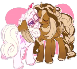 Size: 1527x1361 | Tagged: safe, artist:frowoppy, derpibooru import, oc, oc:aurora, oc:vidalia, unofficial characters only, alicorn, pegasus, pony, unicorn, braided tail, female, g4, glasses, heart, heart eyes, hug, image, mare, nuzzling, png, simple background, solo, tail, transparent background, wingding eyes, winghug, wings