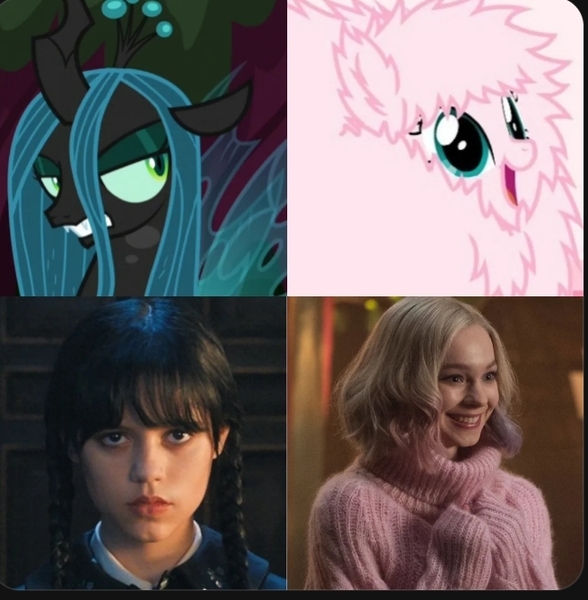 Size: 649x662 | Tagged: safe, derpibooru import, edit, edited screencap, screencap, queen chrysalis, oc, oc:fluffle puff, changeling, changeling queen, comparison, female, image, irl, jpeg, photo, screenshots, the addams family, wednesday addams