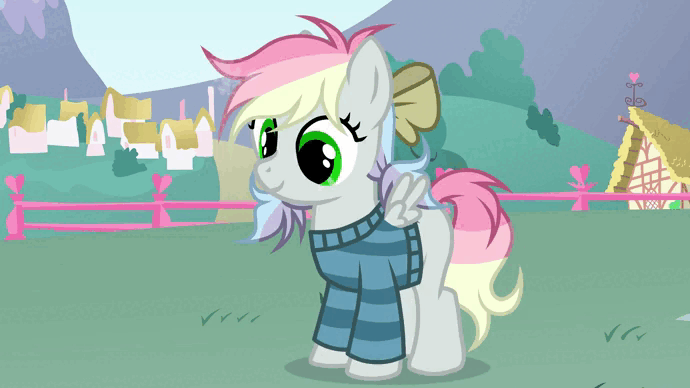 Size: 690x388 | Tagged: safe, artist:alchhemist, derpibooru import, oc, oc:blazey sketch, unofficial characters only, pegasus, pony, bow, clothes, cutie mark, excited, female, filly, foal, gif, green eyes, grey fur, hair bow, image, multicolored hair, pegasus oc, ponyville, solo, sweater, wings