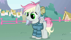 Size: 690x388 | Tagged: safe, artist:alchhemist, derpibooru import, oc, oc:blazey sketch, unofficial characters only, pegasus, pony, bow, clothes, cutie mark, excited, female, filly, foal, gif, green eyes, grey fur, hair bow, image, multicolored hair, pegasus oc, ponyville, solo, sweater, wings