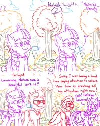 Size: 4779x6013 | Tagged: safe, artist:adorkabletwilightandfriends, derpibooru import, twilight sparkle, twilight sparkle (alicorn), oc, oc:lawrence, alicorn, comic:adorkable twilight and friends, absurd resolution, adorkable, adorkable twilight, autumn, blushing, butt, clothes, cloud, comic, cool, cute, dork, drink, excited, flirting, forest, friendship, funny, glasses, happy, hot drink, humor, image, leaves, magic, mug, peaceful, plot, png, pretty, priorities, scenery, shipping, shipping fuel, slice of life, smiling, smirk, surprised, sweater, tail, tree, twibutt