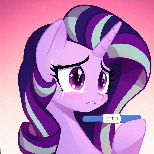 Size: 1024x1024 | Tagged: safe, derpibooru import, editor:lostbrony, machine learning generated, starlight glimmer, pony, unicorn, ai content, blushing, crying, female, horn, image, mare, png, pregnancy test, solo