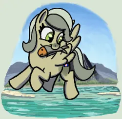 Size: 419x411 | Tagged: safe, artist:maretian, ponerpics import, oc, oc:iceland horse, fish, pegasus, pony, female, flying, image, mare, mountain, mountain range, png, sky, solo, water