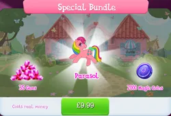Size: 1266x860 | Tagged: safe, derpibooru import, idw, official, parasol (g1), earth pony, pony, g1, bow, bundle, costs real money, english, female, g4, gameloft, gem, idw showified, image, jpeg, magic coins, mare, mobile game, my little pony: magic princess, numbers, sale, solo, solo focus, tail, tail bow, text