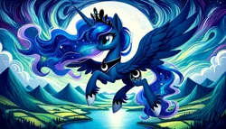 Size: 1792x1024 | Tagged: safe, derpibooru import, machine learning generated, princess luna, alicorn, pony, 16:9, ai content, cloud, female, forest, g4, generator:dall-e 3, grass, horn, image, jewelry, lake, mare, moon, mountain, night, night sky, png, psychedelic, regalia, sky, solo, spread wings, tree, wallpaper, water, wings