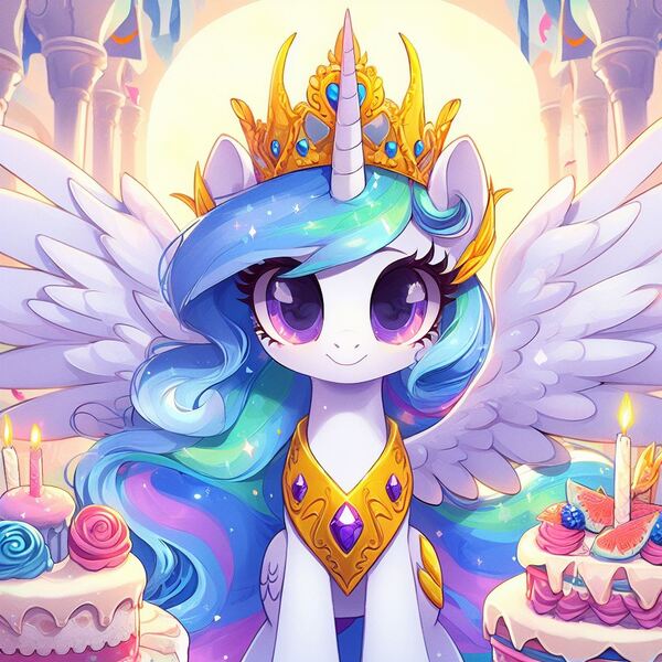 Size: 1024x1024 | Tagged: safe, derpibooru import, machine learning generated, princess celestia, alicorn, pony, ai content, cake, cakelestia, candle, castle, crown, cute, cutelestia, derpibooru exclusive, ethereal mane, flower, food, generator:bing image creator, image, jewelry, jpeg, looking at you, prompter:equmoria, regalia, solo, spread wings, starry mane, wings