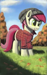 Size: 997x1608 | Tagged: safe, artist:maretian, ponerpics import, roseluck, earth pony, pony, autumn, beanie, clothes, cloud, female, flannel, grass, grass field, hat, image, mare, png, shirt, sky, solo, tree