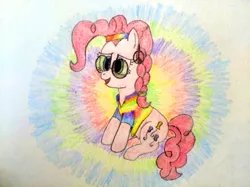 Size: 4032x3016 | Tagged: safe, artist:jakusi, ponerpics import, pinkie pie, earth pony, pony, /pnk/, abstract background, braid, clothes, female, glasses, hairband, headband, hippie, image, jpeg, mare, peace sign, pinktober, psychedelic, sitting, solo, traditional art