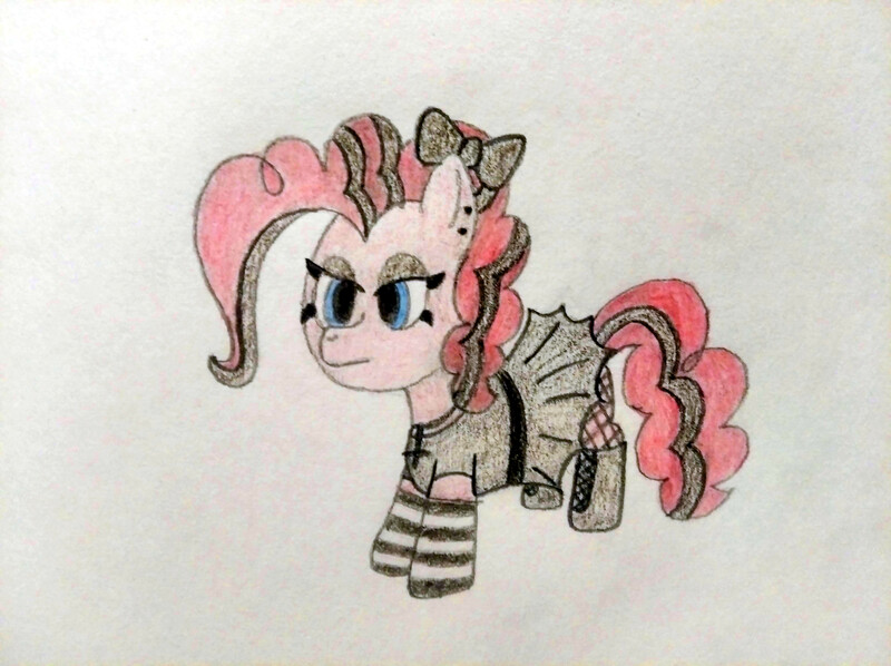 Size: 4032x3016 | Tagged: safe, artist:jakusi, ponerpics import, pinkie pie, earth pony, pony, /pnk/, boots, bow, clothes, emo, female, fishnets, goth, hair bow, highlights, image, inverted cross, jewelry, jpeg, lidded eyes, makeup, mare, necklace, pinktober, shoes, skirt, socks, solo, traditional art