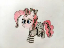 Size: 4032x3016 | Tagged: safe, artist:jakusi, ponerpics import, pinkie pie, earth pony, pony, /pnk/, boots, bow, clothes, emo, female, fishnets, goth, hair bow, highlights, image, inverted cross, jewelry, jpeg, lidded eyes, makeup, mare, necklace, pinktober, shoes, skirt, socks, solo, traditional art