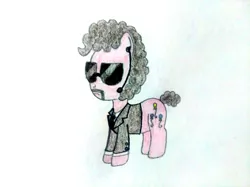 Size: 4032x3016 | Tagged: safe, artist:jakusi, ponerpics import, pinkie pie, whinnyfield, earth pony, pony, /pnk/, afro, bodyguard, clothes, earpiece, facial hair, female, glasses, image, jpeg, mare, moustache, necktie, pinktober, short tail, solo, suit, sunglasses, traditional art