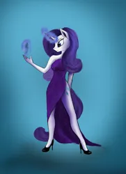 Size: 1568x2160 | Tagged: safe, artist:pony-stark, derpibooru import, rarity, anthro, unicorn, clothes, dress, evening dress, g4, image, magic, png, solo