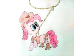 Size: 4032x3016 | Tagged: safe, artist:jakusi, ponerpics import, pinkie pie, spur, earth pony, pony, /pnk/, boots, clothes, cowboy, cowboy boots, cowboy hat, cowgirl, female, hat, image, jpeg, lasso, mare, pinktober, raised hoof, rope, shoes, solo, traditional art, vest