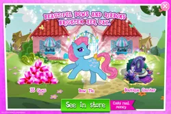 Size: 1961x1300 | Tagged: safe, derpibooru import, idw, official, earth pony, pony, g1, advertisement, bow, bow tie (g1), bush, costs real money, english, female, g4, gameloft, gem, idw showified, image, jpeg, mannequin, mare, mobile game, my little pony: magic princess, numbers, sale, solo, solo focus, tail, tail bow, text