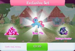 Size: 1264x856 | Tagged: safe, derpibooru import, idw, official, earth pony, pony, g1, bow, bow tie (g1), bundle, bush, costs real money, english, female, g4, gameloft, gem, idw showified, image, jpeg, mannequin, mare, mobile game, my little pony: magic princess, numbers, sale, solo, solo focus, tail, tail bow, text