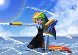 Size: 1200x853 | Tagged: safe, artist:howxu, derpibooru import, rainbow dash, equestria girls, black dress, clothes, commission, dress, image, ocean, open mouth, png, water, watergun