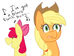 Size: 1024x768 | Tagged: safe, artist:leftshark, derpibooru import, apple bloom, applejack, earth pony, pony, apple sisters, eyes closed, female, filly, foal, image, mare, music notes, png, siblings, simple background, singing, sisters, text, transparent background