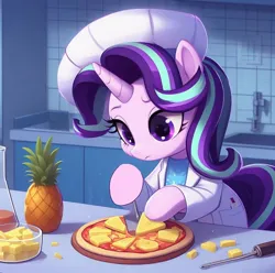 Size: 1020x1010 | Tagged: safe, derpibooru import, editor:lostbrony, machine learning generated, starlight glimmer, pony, unicorn, ai content, beaker, chef's hat, clothes, food, hat, image, jpeg, kitchen, lab coat, pineapple, pineapple pizza, pizza, spatula, wrong eye color
