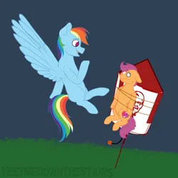 Size: 5000x5000 | Tagged: safe, artist:yeetmedownthestairs, derpibooru import, rainbow dash, scootaloo, pegasus, pony, abuse, cartoon violence, fire, fireworks, fuse, image, kfc, png, rocket, scootabuse, scootachicken, this will end in tears and/or death and/or covered in tree sap, tied up