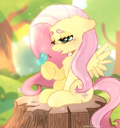 Size: 793x848 | Tagged: safe, artist:mosh_piit, derpibooru import, fluttershy, butterfly, insect, pegasus, chest fluff, crying, female, image, log, png, sad, sitting, solo, solo female, spread wings, sunlight, watermark, wings