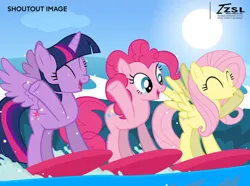 Size: 750x559 | Tagged: safe, artist:zslnews, derpibooru import, fluttershy, pinkie pie, twilight sparkle, twilight sparkle (alicorn), alicorn, earth pony, pegasus, pony, ^^, cute, excited, eyes closed, image, jpeg, open mouth, spread wings, surfboard, surfing, twiabetes, wave, wheeeee, wings, yay