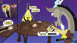 Size: 1920x1080 | Tagged: safe, artist:sallyso, derpibooru import, discord, draconequus, bill cipher, bowtie, breaking the fourth wall, draw 4, fourth wall, gravity falls, hat, hehe, image, jojo's bizarre adventure, laughing, meme, png, steps, to be continued, to be continued (meme), top hat, triangle, uno