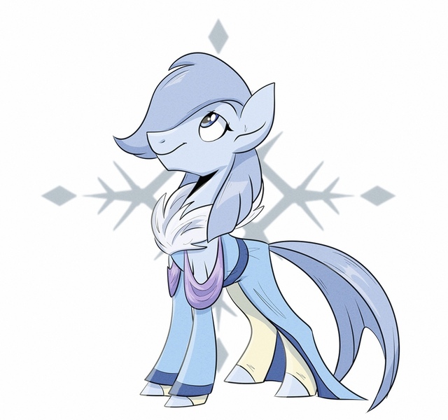 Size: 1100x1031 | Tagged: safe, artist:askometa, derpibooru import, oc, ponified, earth pony, pony, blue coat, blue eyes, clothes, colored, fur, image, jpeg, looking up, one eye covered, simple background, snow, snowflake, solo, standing, white background