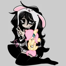 Size: 710x710 | Tagged: safe, artist:cutiesparke, derpibooru import, fluttershy, oc, oc:lillian, human, pony, bags under eyes, black hair, bunny hood, clothes, female, filly, filly fluttershy, foal, holding a pony, human oc, image, peace sign, png, socks, stocking feet, stockings, striped sweater, sweater, thigh highs, tired eyes, younger