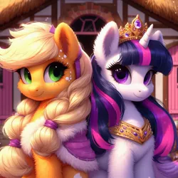 Size: 1024x1024 | Tagged: safe, machine learning generated, ponerpics import, ponybooru import, applejack, twilight sparkle, earth pony, pony, unicorn, ai content, alternate hairstyle, back to back, bing, clothes, duo, female, fluffy, image, jewelry, jpeg, mare, missing accessory, ponyville, regalia, unicorn twilight, white coat