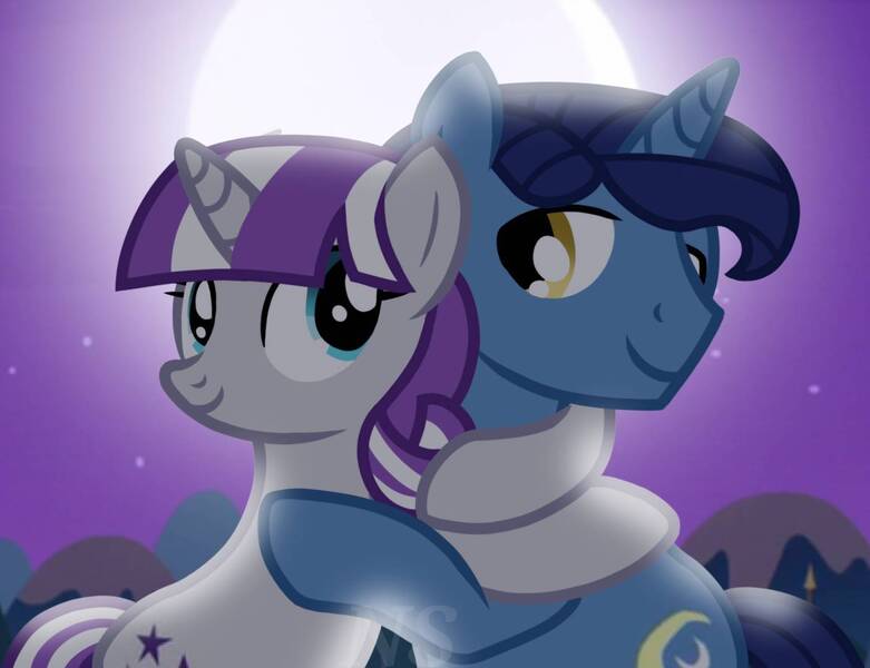 Size: 1405x1080 | Tagged: safe, artist:baconforbreakfast426, derpibooru import, night light, twilight velvet, pony, unicorn, female, hug, image, jpeg, male, mare, moon, night, nightvelvet, pomy, shipping, stallion, straight