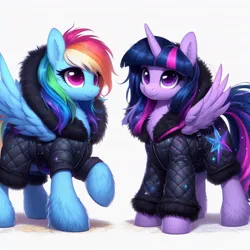 Size: 1024x1024 | Tagged: safe, machine learning generated, ponerpics import, ponybooru import, rainbow dash, twilight sparkle, twilight sparkle (alicorn), alicorn, pegasus, pony, ai content, bing, clothes, cutie mark, cutie mark on clothes, female, fluffy, image, jpeg, mare, matching outfits, rainbow dash always dresses in style, simple background, white background, winter outfit